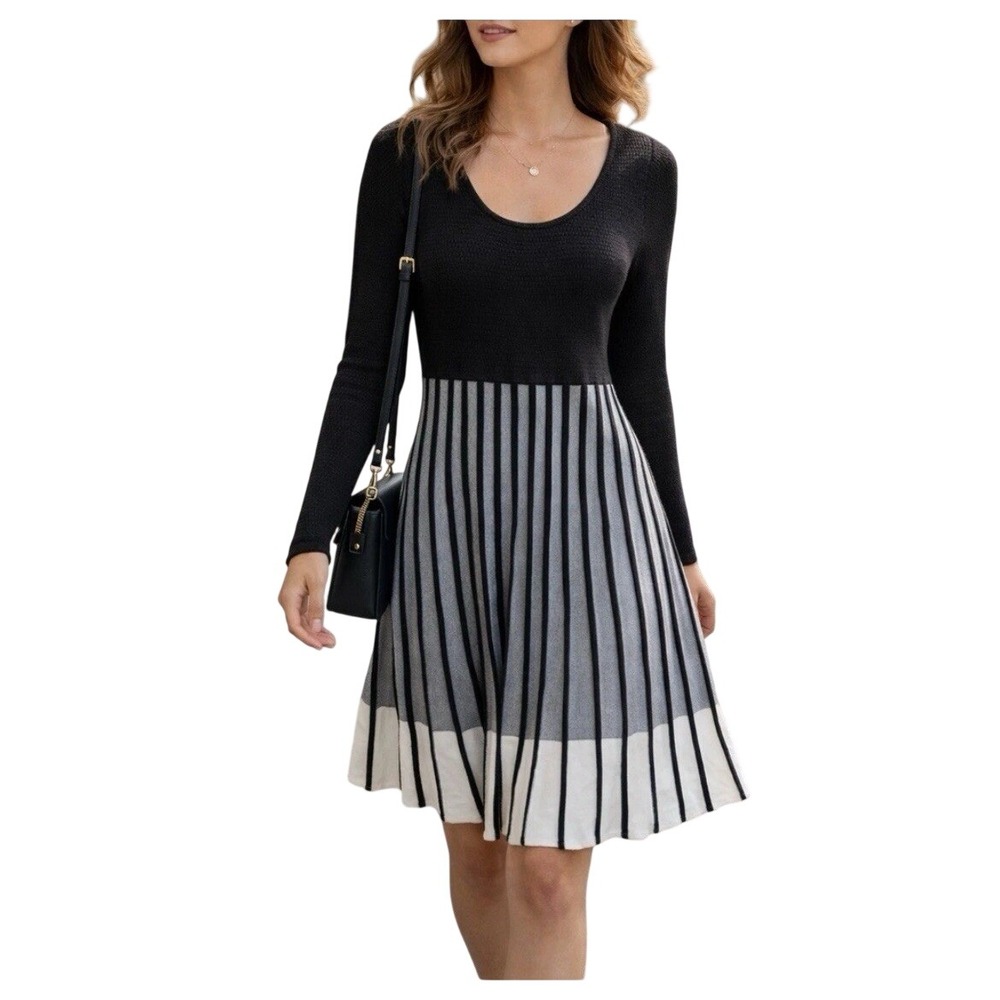 Calvin Klein Womens Black Striped Colorblock Long Sleeve Sweater Dress Size M